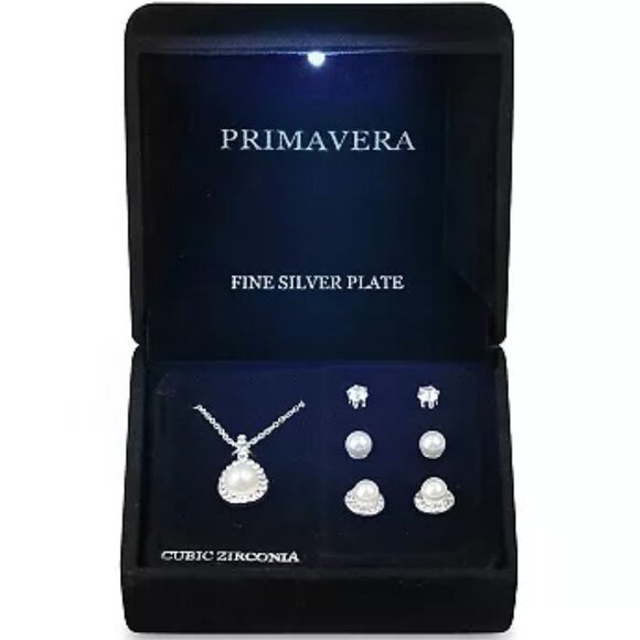 PRIMAVERA 4pc White Pearl/Clear CZ Silver Plated Necklace & Stud Earrings Set - Picture 3 of 3